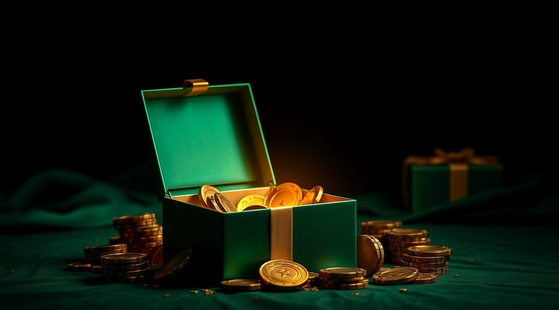 Golden gift box with casino chips — bonuses and rewards illustration (AI generated)