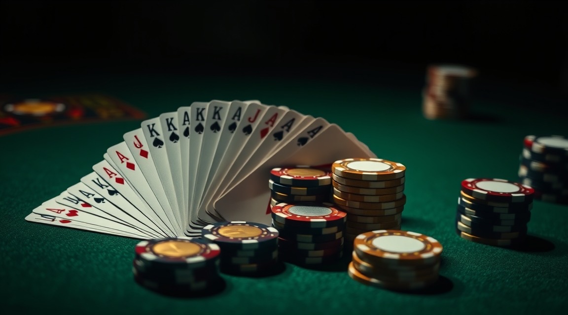 Playing cards and casino chips on green felt — table games illustration (AI generated)
